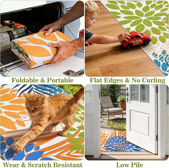 Yinhua Dahlia Floral Outdoor Rug 8x10 Colorful Indoor Outdoor Rugs Washable Patio Rug Non Slip Large Flower Area Rug Low Pile Outdoor Carpet for Patio, Deck, Porch, Balcony, Camping, Yellow Green
