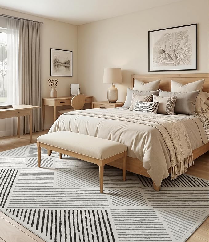 5‘x7' Washable Black and White Rug, Modern Area Rug for Living Room | Non-Slip, Low Pile, Stain Resistant, Black Geometric Stripe Rug for Bedroom Dining Room