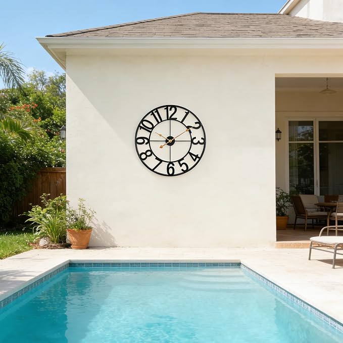 Outdoor Clock for Patio Waterproof, 18 Inch Large Outdoor Wall Clocks Battery Operated, Silent Non-Ticking Metal Garden Clock for Pool, Porch, Backyard, Fence – Black Vintage Farmhouse Decor