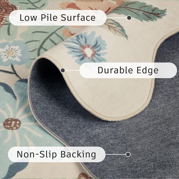 DCX Vintage Floral Washable Area Rug 5x7, Non Slip Low Pile Rug, Sage Green | Rugs for bedroom, living room, dining room, office, soft, kid & pet friendly, sain resistant indoor carpet, home decor