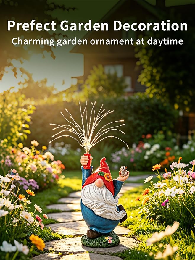 Garden Gnome Statue, Solar Outdoor Decor with Owl and Firework LEDs | Waterproof solar resin gnome for outdoor gardens, patios, porches and balconies; a charming gift for women and garden lovers