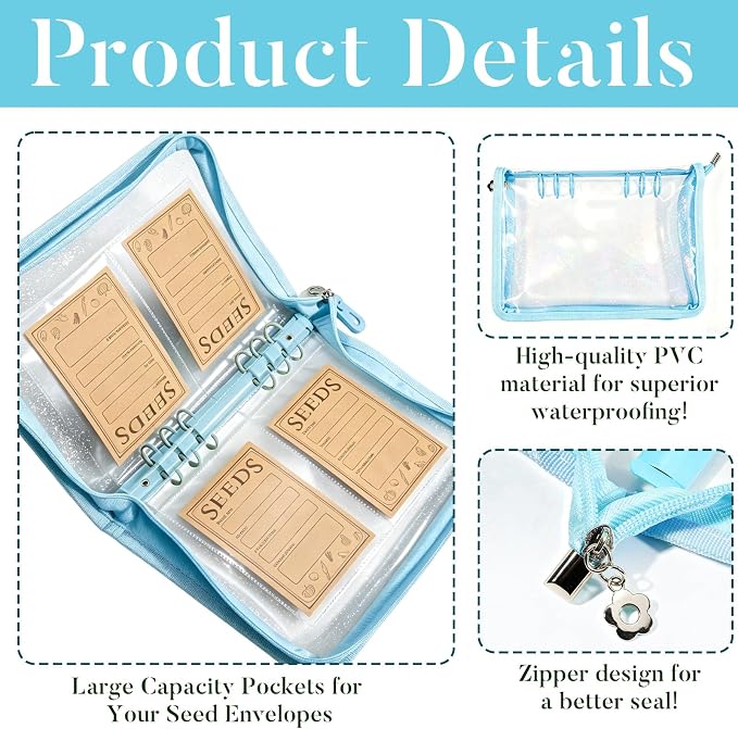 Seed Storage Organizer Binder, Seed Packet Organizer with 160 Pockets(80 Pack Resealable Seed Envelopes),3.9x5.3 Inch Clear Sleeves, Seed Saver for Garden Lover(Blue)