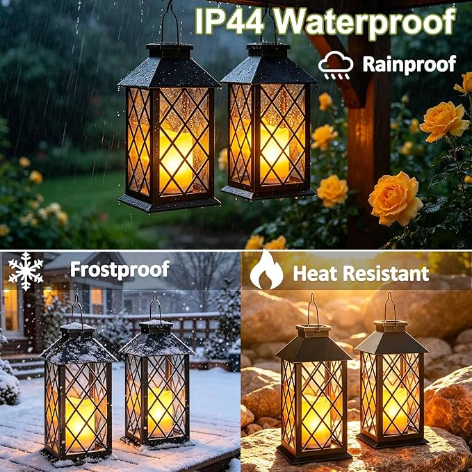 2 Pack 14" Large Solar Lanterns Outdoor Waterproof, Tempered Glass, Hanging Solar Lights with Flickering Flameless Candles, Retro Solar Lantern for Wall Porch Patio Table Garden Decorations, Black