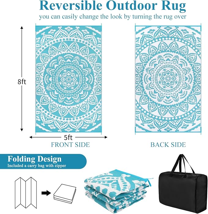 Bsmathom Waterproof Outdoor Rug 5'x8' Reversible Boho Plastic Straw Patio Deck Camping Rugs, Indoor Outdoor Portable RV Mat Clearance Carpet for Outside, Porch, Balcony, Backyard, Beach, Pool,Teal