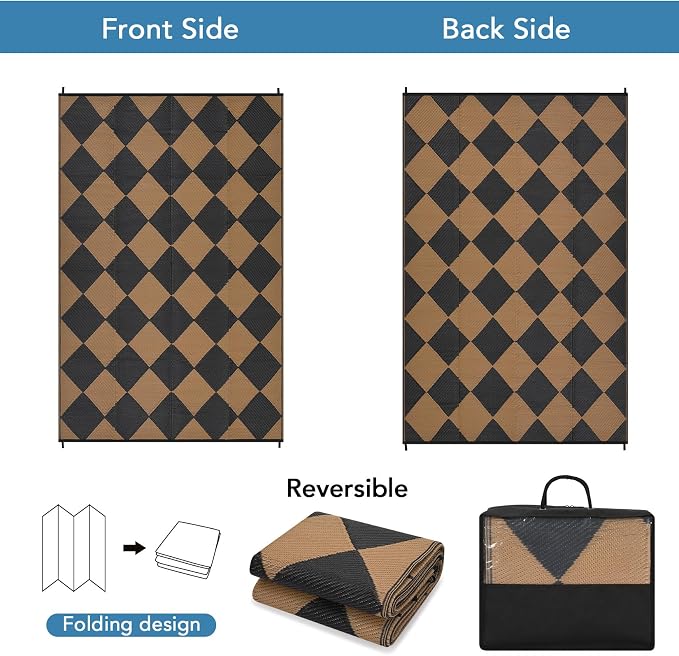 Garvee 8x10 Outdoor Rug Waterproof Plastic Straw Rug Outdoor Patio Rugs Reversible Mat Easy Clean Foldable Lightweight Large Area Rugs for Patio Porch Backyard Camping RV Beach Balcony Checkered Brown