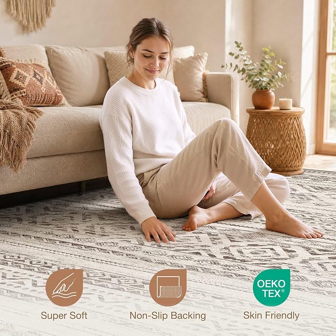 cotiled Boho 5x8 Area Rugs for Living Room: Soft Moroccan Washable Rug | Solve Modern Neutral Trendy Home Decor - Stain Resistan Indoor Carpet for Bedroom Dining Room Dark Brown