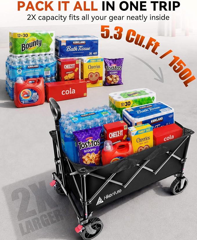 Hikenture Wagons Carts Foldable 330LBS, Heavy Duty Collapsible Wagon | Utility Wagon for Grocery, Garden, Camping & Sports Gear; One-Hand Fold; 360-Degree Wheels; Built-In Wheel Brake
