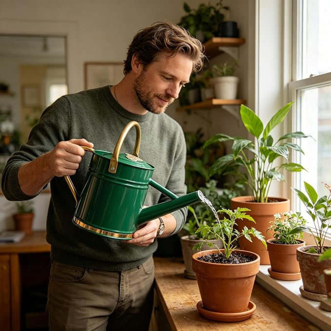 1 Gallon Green Metal Watering Can with Solid Brass Details, Removable Watering Rose, Decorative Garden Can for Indoor Plants, Patio and Greenhouse
