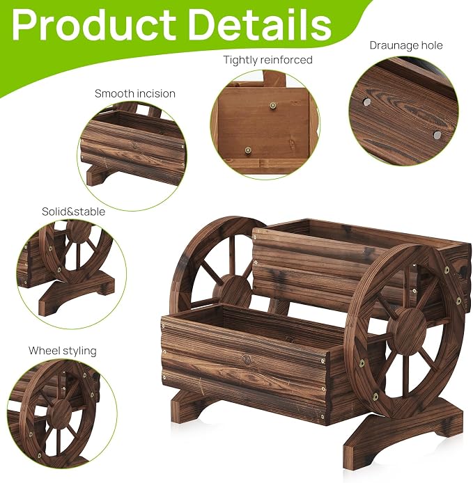 Wooden Wagon Planter Cute Garden Flower Pots Cart with wheels, Outdoor Decoration decor Indoor, Drainage hole, Garden decor for succulents herbs veggies for porch patio balcony (Carbonized, Medium)