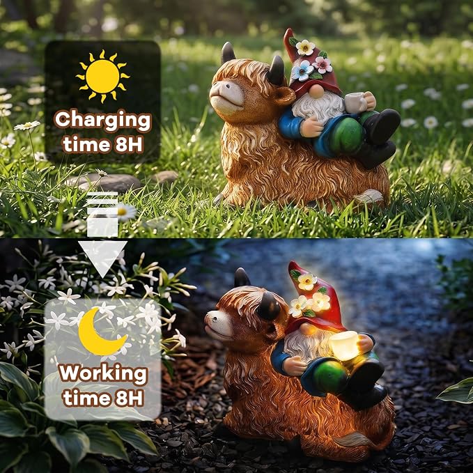 Pohabery Garden Gnomes Decor Outdoor Statues, Gnome on Highland Cow with Solar Cup Light, Patio Yard Decor, Gift for Mom Women Garden Lovers（M