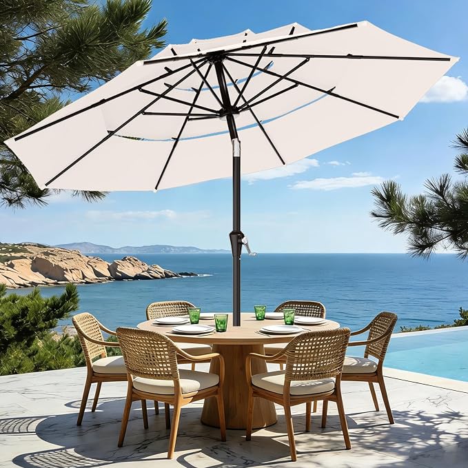 AreShark 9ft 3-Tier Patio Umbrellas, Outdoor Umbrella with 8 Sturdy Ribs UV Protection Windproof, Market Table Umbrella w/Push Button Tilt & Crank for Pool, Porch, Deck, Garden(Cream White)