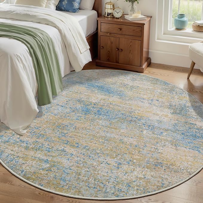 Tangsoo Abstract Washable Round Rug 5ft, Modern Circle Rug Non Slip | Contemporary Round Area Rug Soft Low Pile Circular Rugs, 5x5 Round Carpet for Bedroom, Living Room, Office, Blue Beige Decor