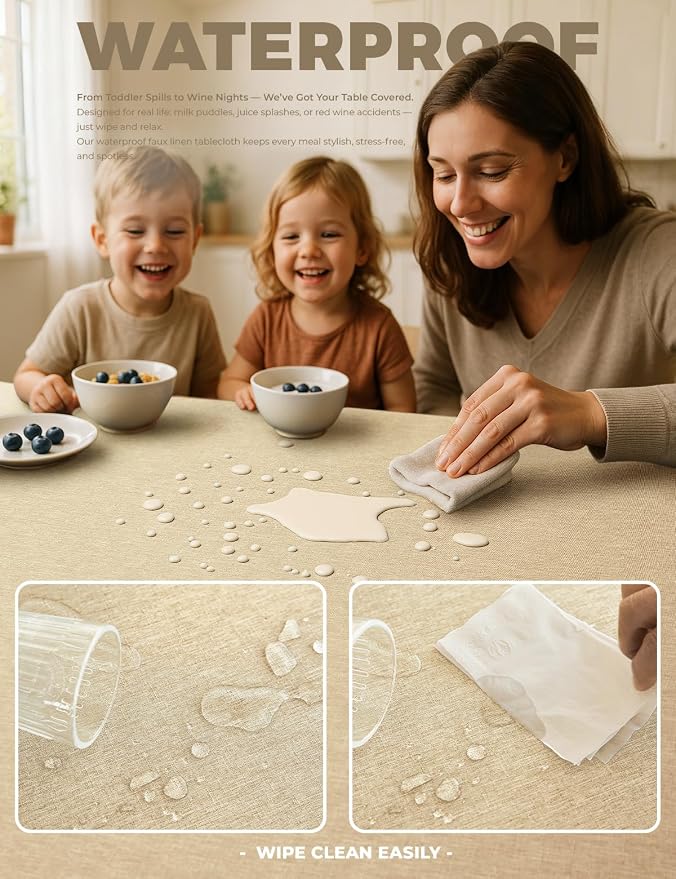 Decorelia Faux Linen Rectangle Tablecloth for Dining Room,Outdoor Coffee Wrinkle Resistant Washable Table Cloth Covers for Kitchen, Picnics, Party,(Oblong,52 x 70 Inch (4-6 Seats), Beige)
