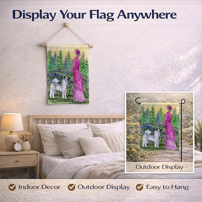 Caroline's Treasures SS8154GF Lady with her Norwegian Elkhound Garden Flag Mailbox Flag Decorative Yard Flag Banner Outside Patio Artwork Yard Flower Beds, Garden Size, Multicolor