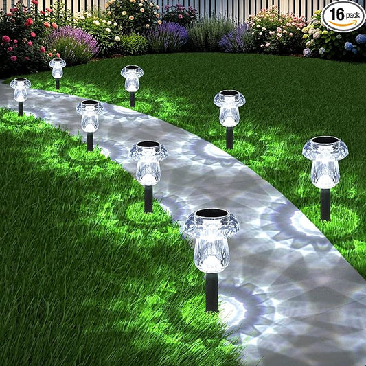Solar Pathway Lights Outdoor 16 Pack Mushroom Garden Lights Waterproof Solar Powered Yard Lighting for Landscape, Driveway, Path, Walkway, Patio, Outside Garden Decorations, 6000K Cold White