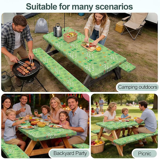 Picnic Table Cover with Bench Covers Camping Essentials Waterproof Windproof Camping Tablecloth with Drawstring Bag, Fitted Rectangle Tables and Seats, 60in, Grass Green