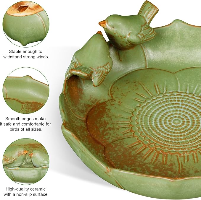 Ceramic Bird Bath for Outdoors, 10 Inch Bird Bath Bowl Only, Heavy Duty Ground Bird Feeders Tray, Durable Bird Feeding Bowl for Yard and Garden, Green