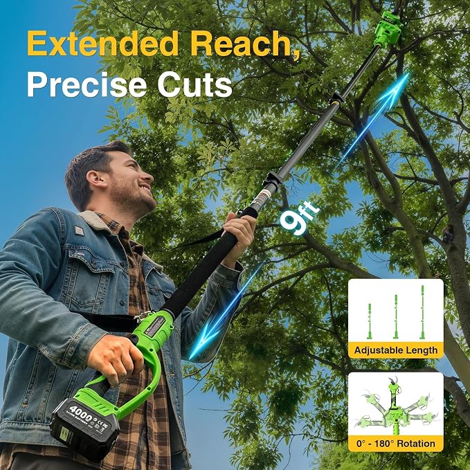 TaskStar 2-in-1 Electric Pruning Shears: 1.6" Cutting Diameter 9Ft Cordless Pole Pruner - 2 x 4000mAh Batteries, Extra SK5 Blade, 4 Cutting Modes Brushless Branches Cutter for Flower Tree Trimming