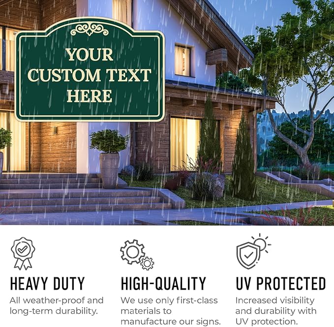 Custom Decorative Sign, Personalized Metal Sign for Business, Driveway, Home, Airbnb, Office Door Plaque, Green Background Sign 14x10 Inches, ACM, Fade Resistant, Made in USA by Sigo Signs