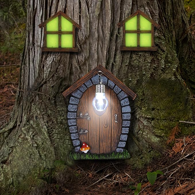Juegoal Fairy Gnome Home Miniature Window and Door with Litter lamp for Trees Decoration, Glow in Dark Fairies Sleeping Door and Windows, Yard Art Garden Sculpture, Lawn Ornament Decor