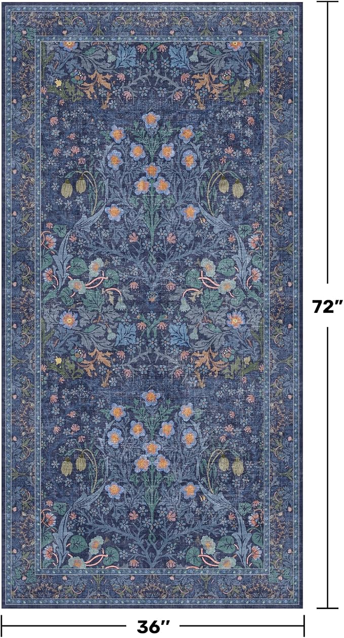 Vintage Dark Blue 3x6 Runner Rugs for Large Entryway, Bedroom Beside Rug, Kitchen, Laundry Room, Non-Slip Low Pile Ultra Soft Stain Resistant Small Floral Carpet