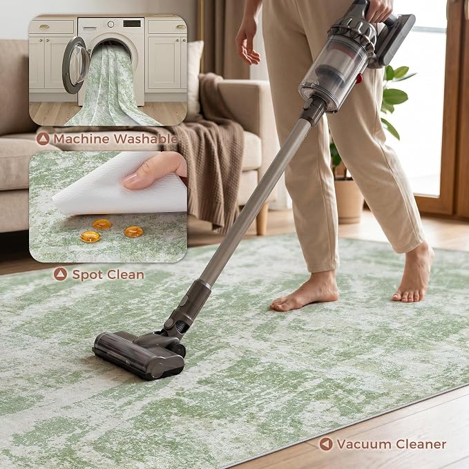 DMOYEST 6x9 Area Rug for Living Room Washable Abstract Indoor Carpet | Neutral Modern Low Pile Rugs Kid & Pet Friendly Soft Thin Carpet for Bedroom Dining Room and Office - Light Green