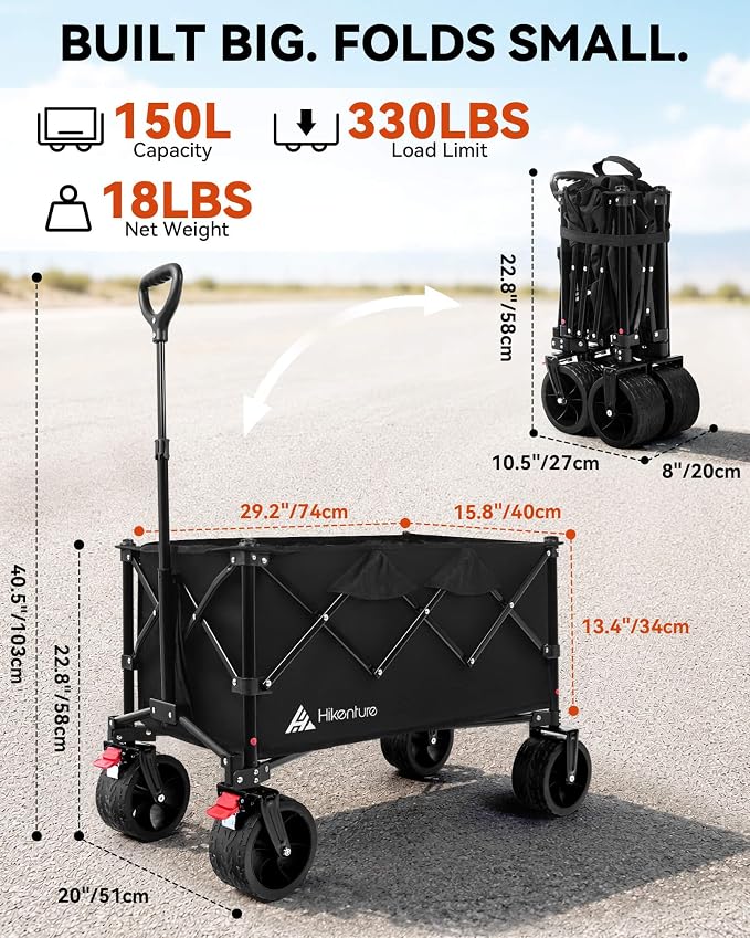 Hikenture Foldable Beach Wagon with Big Wheels for Sand, 330 lbs Capacity | Large wagon for beach, camping, sports & grocery hauling; Big wheels for sand & gravel; One-hand fold