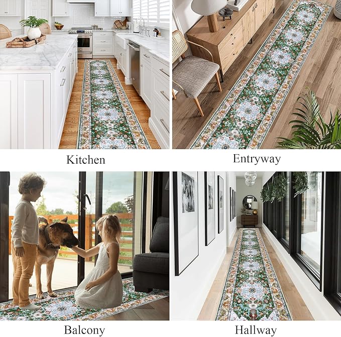 U'Artlines 2'x14' Boho Hallway Runner Rug Non Slip Washable Runners,Green | Vintage Farmhouse Kitchen Rug Accent Area Carpet for Entryway, Dining Room and Living Room