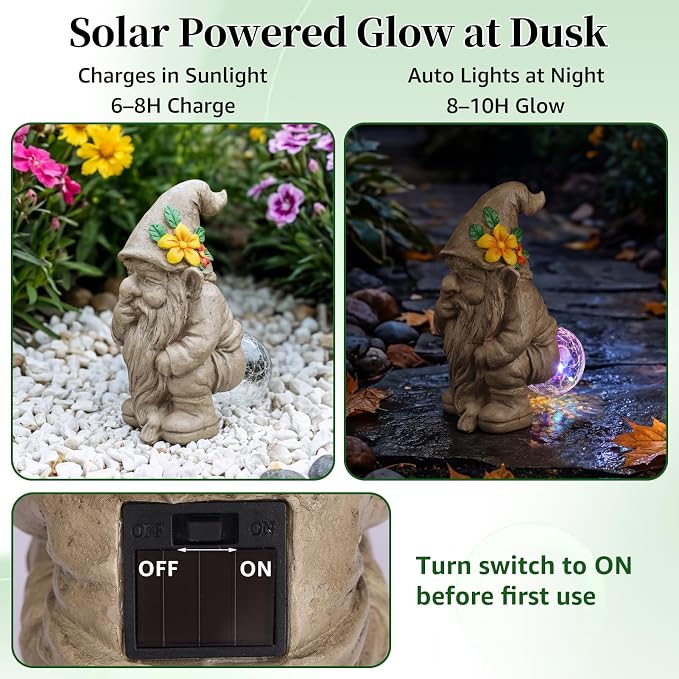 Lyeasw Solar Funny Garden Gnomes Statue - Gnomes for Dad - Waterproof Outdoor Garden Sculpture Light for Yard, Porch, Patio & Balcony - Birthday Gift for Mom, Grandma & Garden Lovers