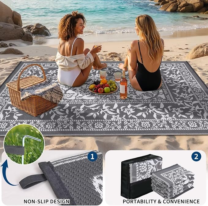 Garvee Outdoor Rug 6x9, Waterproof Reversible Foldable Plastic Straw Rug, Botanical cottagecore Outdoor Rugs Patio Camping RV Carpet for Deck Camper Porch Balcony Backyard Picnic Beach Grey