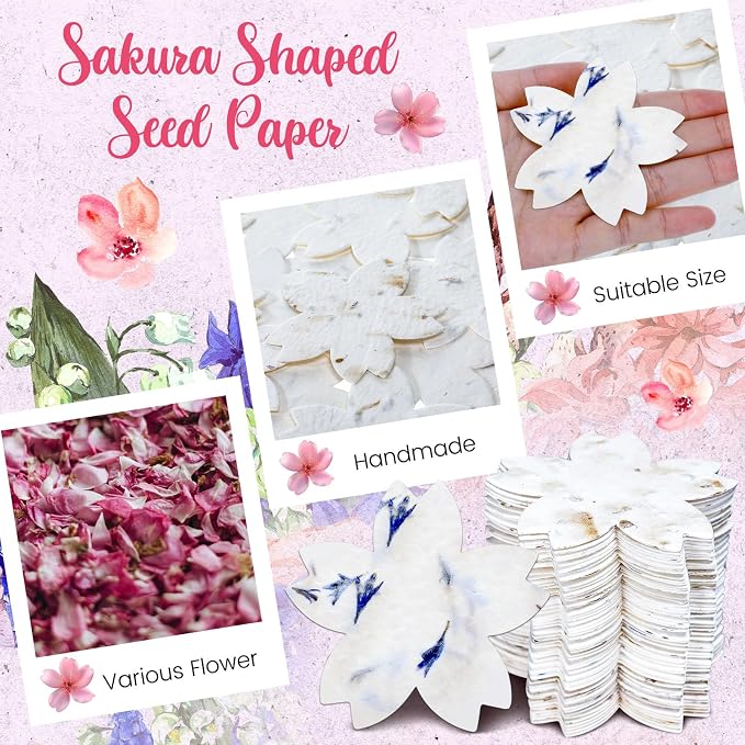 Dunzoom 50 Pcs Handmade Seed Paper Plantable Wildflower Seed Paper Recycled Flower Petals Tags Wedding Favors for Guests Craft Gifts Cards for Envelope Birthday Party, 5 Styles (Flower Shape)