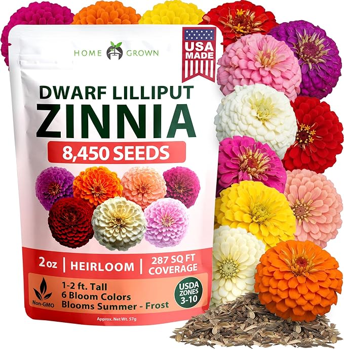 HOME GROWN Lilliput Mix Zinnia Seeds for Planting, 8450 Seeds (57g), Heirloom Non-GMO Double Dwarf Pompon Blooms for Containers, Borders, Cut Flowers & Pollinator Gardens (Zinnia elegans)