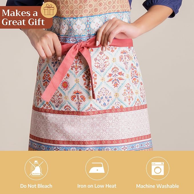 Maison d' Hermine Aprons for women with Pocket 100% Cotton (27.50"x31.50") | Adjustable Neck Strap & long ties Apron Men Chef Wedding Cooking Gardening Server Maid