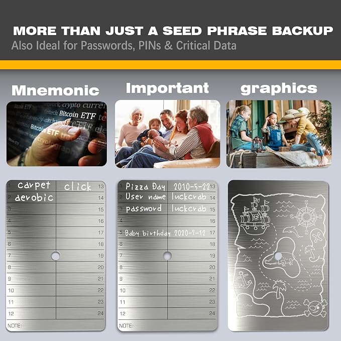 Crypto Seed Phrase Backup – 3-Plate Steel Wallet & Hardware Wallet Backup for Cold Storage, Fireproof Seed Phrase Plate Kit with Engraver, Indestructible Metal Crypto Seed Storage Vault