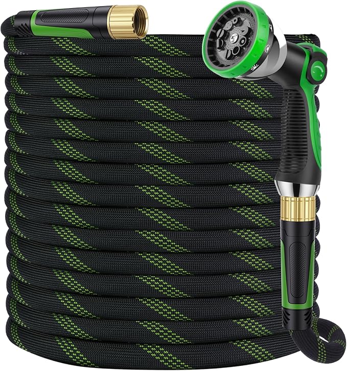 Garden Hose 50 ft, Non-Expandable Ultra-Lightweight Flexible Hose with 360° Dual-End Anti-Kink Design, 10-Pattern Spray Nozzle, 500 PSI Leak-Proof, 96-Strand Braided Fabric, Storage Strap