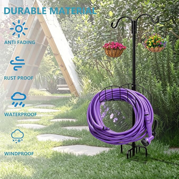 Garden Hose Holder 2 Pack with 7 Prong Base and Dual Shepherd Hooks | Water Hose Holders for 150 Feet Hose, Detachable Hose Storage Hanger for Outside Lawn Yard