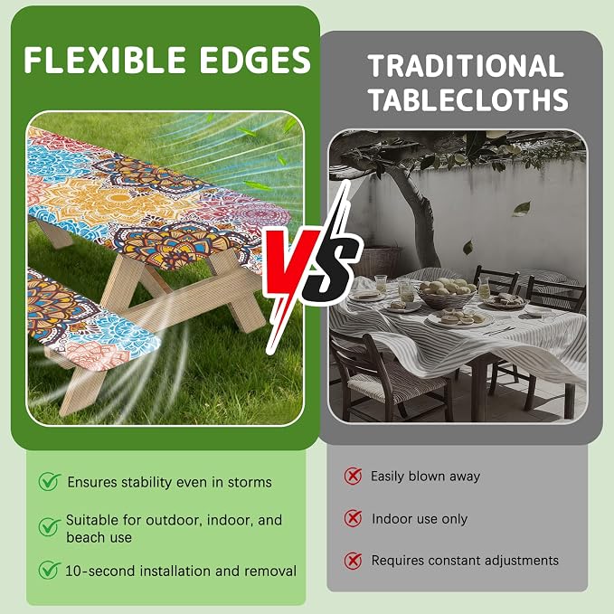 Picnic Table Cover with Bench Covers Elastic Edges, 3 Pcs Mandala Fitted Table Cover with Drawstring Bag, Waterproof Windproof Aesthetic Camping Tablecloth, Outdoor Camping Essentials 72 Inch