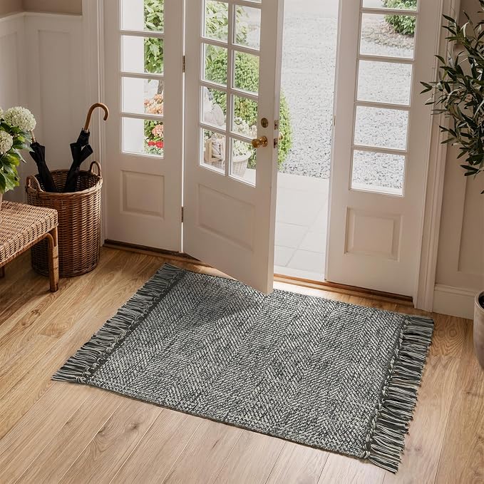 2' x 4.3' Boho Kitchen Runner Rugs, Grey Farmhouse Bathroom Mat | Hand-Woven Washable Entryway Rug, Modern Soft Bedroom Carpet Reversible Front Door Mats for Laundry Porch Bedside Decor