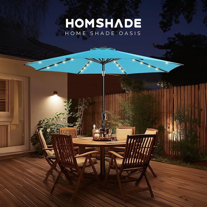 HOMSHADE 9ft Solar Patio Umbrella - Solar Lights LED Lighted Outdoor Market Table Umbrella, UPF50+ UV Protection with Push Button Tilt, Crank for Pool Deck and Garden (Light Blue)