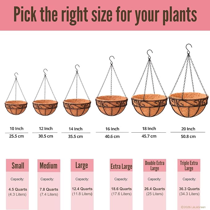 LaLaGreen Hanging Planter for Outdoor Plants (14 Inch, 4 Pack) Hanging Baskets with Coco Liner, Black Metal Wire Flower Basket Pots with Hook Hanger Balcony Porch Farmhouse Country Style Garden Decor