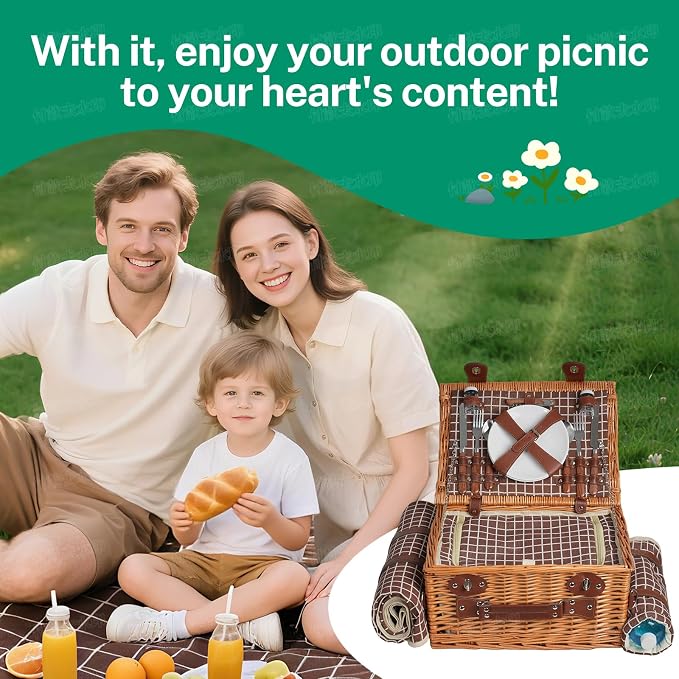 Double Picnic Basket with Large,Insulated Cooler Bag and Waterproof Picnic Blanket, Handmade Wicker Basket Set with Cutlery for Picnics, Camping, Beach