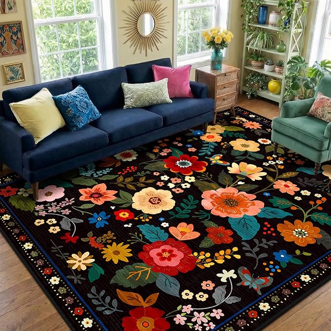 RELEANY Floral Washable 7x9 Area Rugs Black | Flower Carpet, Print, Boho, Non-Slip, Easy to Clean, Soft, Low Pile for Living Room Bedroom Kitchen Office Entryway Hallway