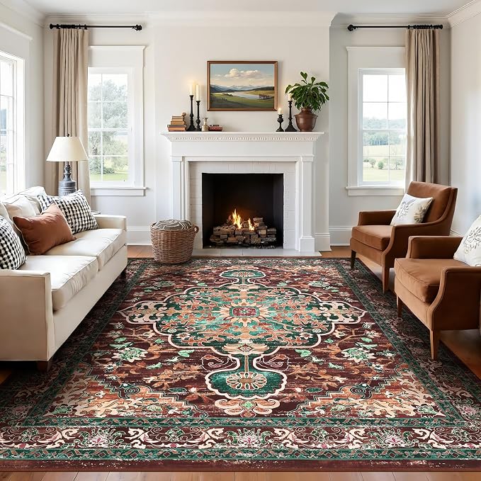 U'Artlines Boho Vintage Area Rug 9x12 Machine Washable Carpet, Rust＆Teal | Low Pile, Non Slip, Ultra-Thin Soft Floor Carpet, Accent Rug for Living Room Bedroom Dining Room Office