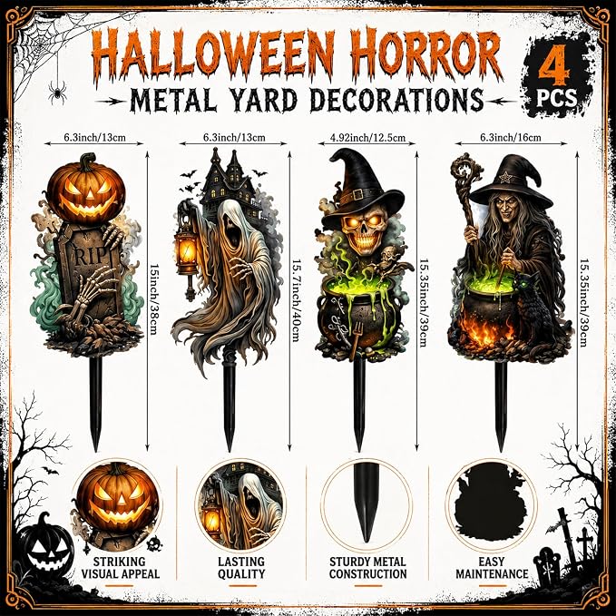 4 Pack Halloween Yard Signs 15'' Large Outdoor Halloween Decorations Metal Scary Garden Stakes Witch Skeleton Skull Pumpkin Tombstone Decorative Art Rust Proof for Outside Yard Lawn Patio