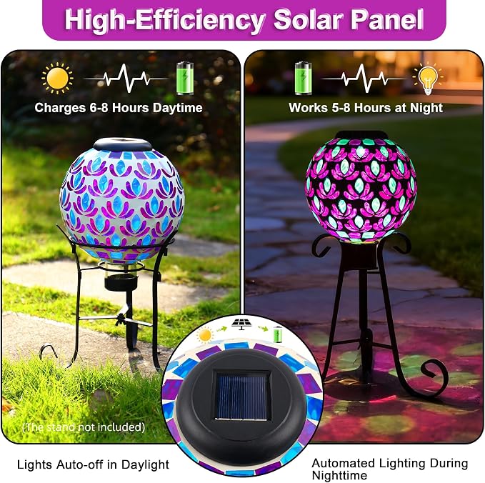 SAVENNA Mosaic Solar Gazing Ball 8 Inch,Glass Garden Globe with Auto On/Off for Yard, Lawn & Outdoor Decor,Purple Blue