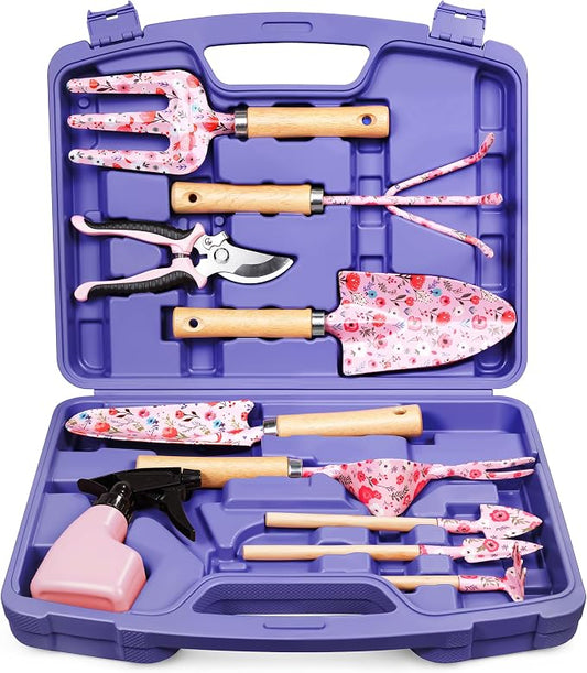 Grenebo 12-Piece Womens Gardening Tools Gift Set, Rust-Proof & Heavy-Duty Garden Tools with Durable Carrying Case, Fashionable & Thoughtful Gardening Gifts for Women&Men (Purple)