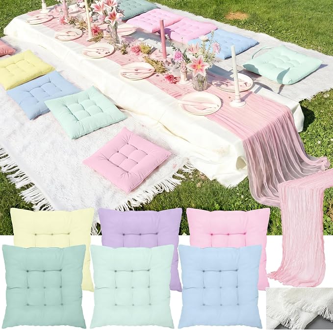 Extra Large Outdoor Picnic Blanket with Table Runner and Floor Pillow Cushion for Picnic Wedding Birthday Baby Shower Backyard Decor(91 x 71'',Pastel,8 Pcs)