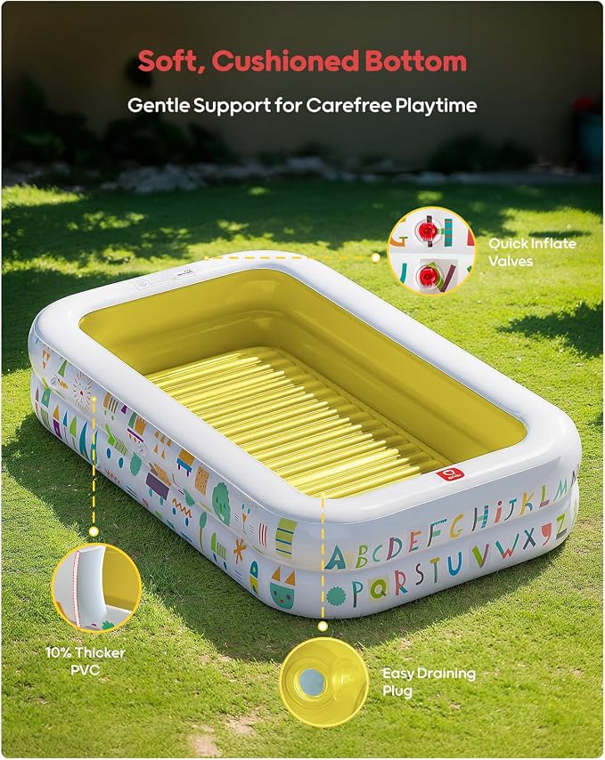 QPAU Baby Pool with Canopy, Inflatable Design, 65 x 39 in, Yellow | Inflatable Design with Soft Cushioned Floor, Converts to a Ball Pit for Kids and Toddlers, for Indoor and Backyard Play