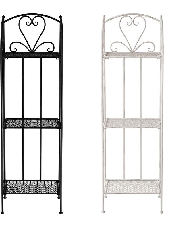 Plant Stand 3-Tier Vertical Shelf Indoor or Outdoor Folding Wrought Iron Home Garden Display with Laser Cut Shelves by Pure Garden (Antique White)