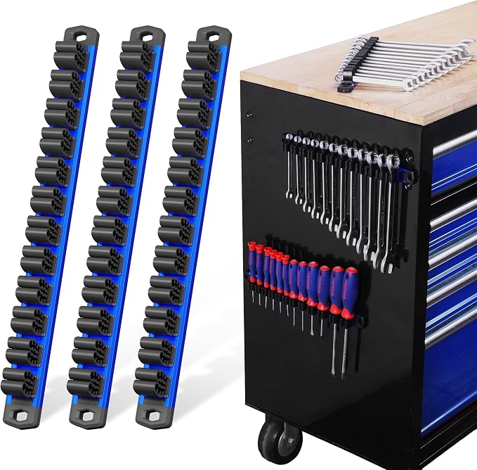 WORKPRO Magnetic Screwdriver and Wrench Organizer Set, 36-Slot Tool Holders | 3-Pack Aluminum Rails, Magnetic Force, Flexible High-Tension Tool Clips, For Tool Box Drawer & Wall-Mount Storage